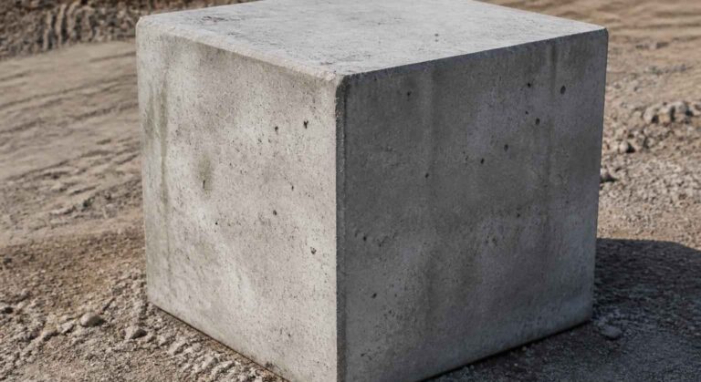 Betonowy sześcian stojący na ziemi na placu budowy