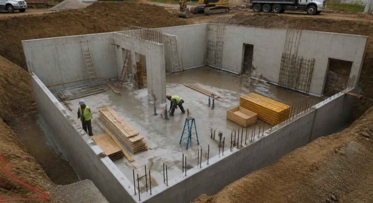 Pracownicy budują fundamenty domu, a w wykopie stoją materiały budowlane i sprzęt koparki