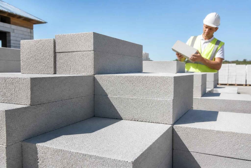 Pracownik w kasku i kamizelce sprawdza dokumenty przy ułożonych bloczkach betonowych na budowie