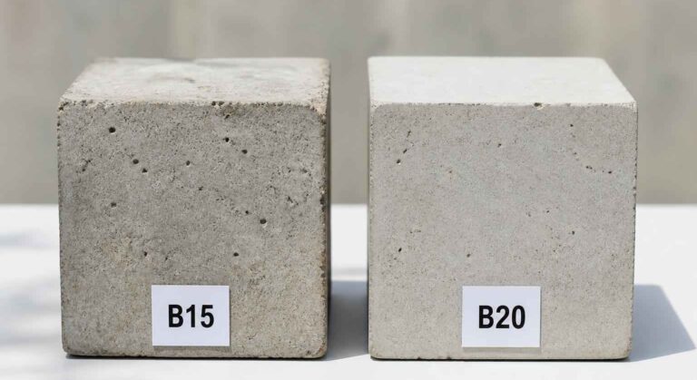 Dwie kostki betonowe oznaczone B15 i B20 stoją obok siebie na jasnym tle