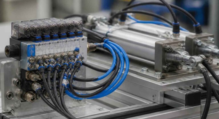 Zespół zaworów pneumatycznych z niebieskimi i czarnymi przewodami na metalowej platformie maszyny przemysłowej