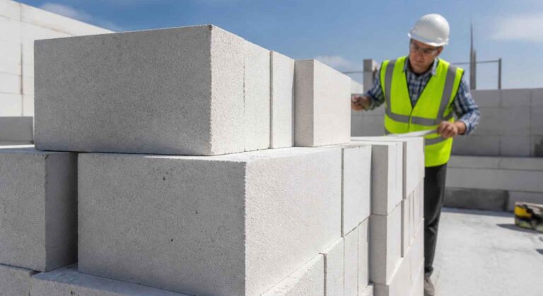 Pracownik w kasku i kamizelce układa bloczki betonowe na placu budowy